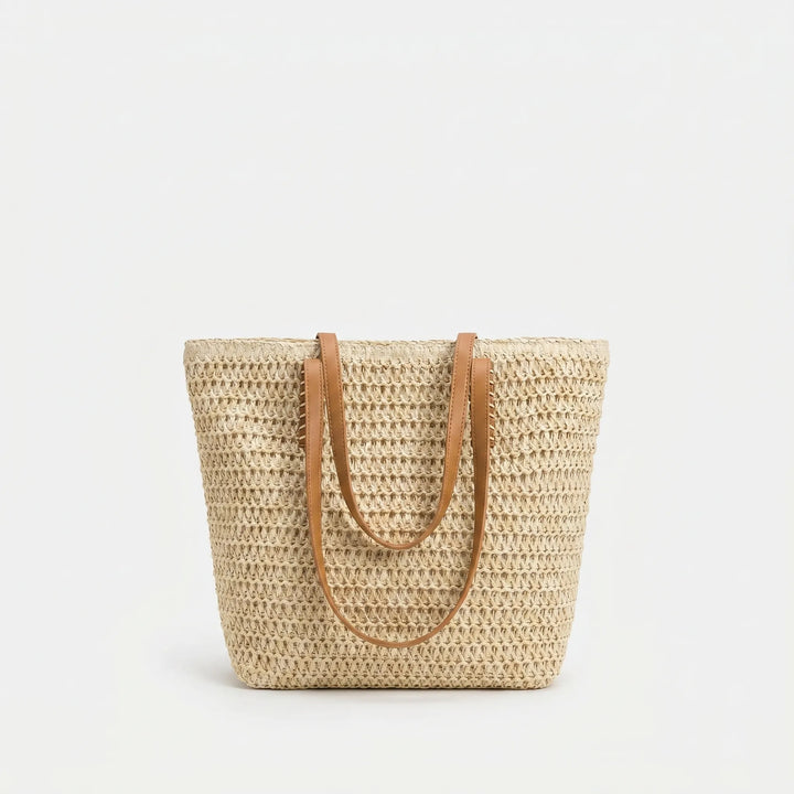 Fashionable women's summer beach tote bag, woven design. Casual shoulder bag for daily use & travel, khaki.
