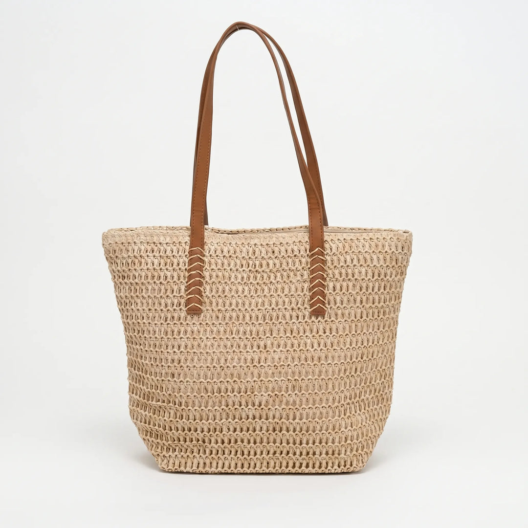 Chic woven tote bag for women, ideal for beach, summer outings, and daily use. Spacious khaki shoulder bag.