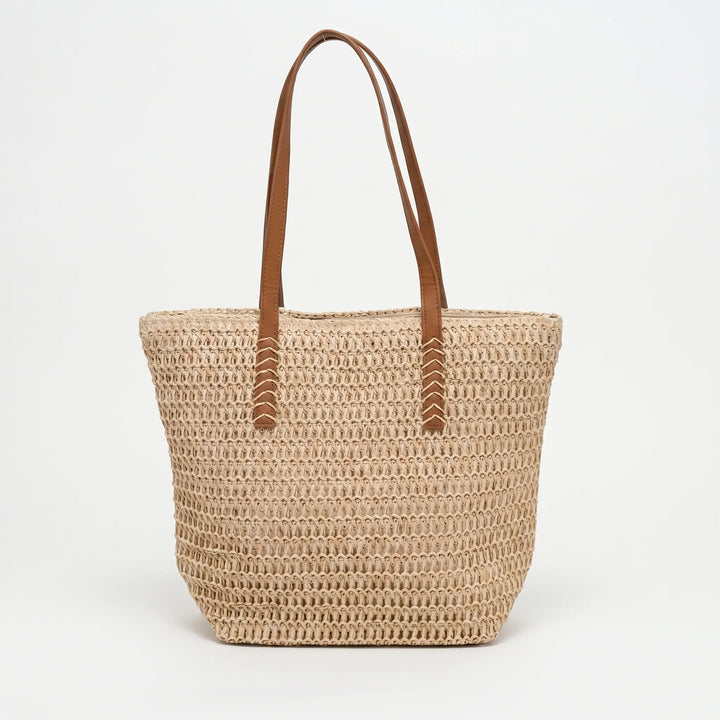 Chic woven tote bag for women, ideal for beach, summer outings, and daily use. Spacious khaki shoulder bag.