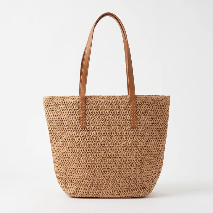 Women's versatile woven tote bag in beige/khaki. Large capacity shoulder bag, great for beach, travel & everyday style.