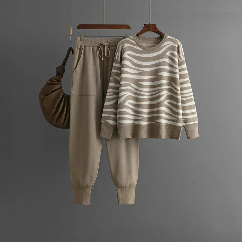 Stylish women's zebra print loungewear set, a chic two-piece casual outfit for ultimate comfort.
