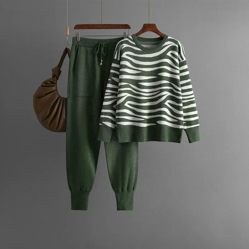 Chic women's zebra print casual loungewear outfit. Comfortable two-piece set for stylish leisure.