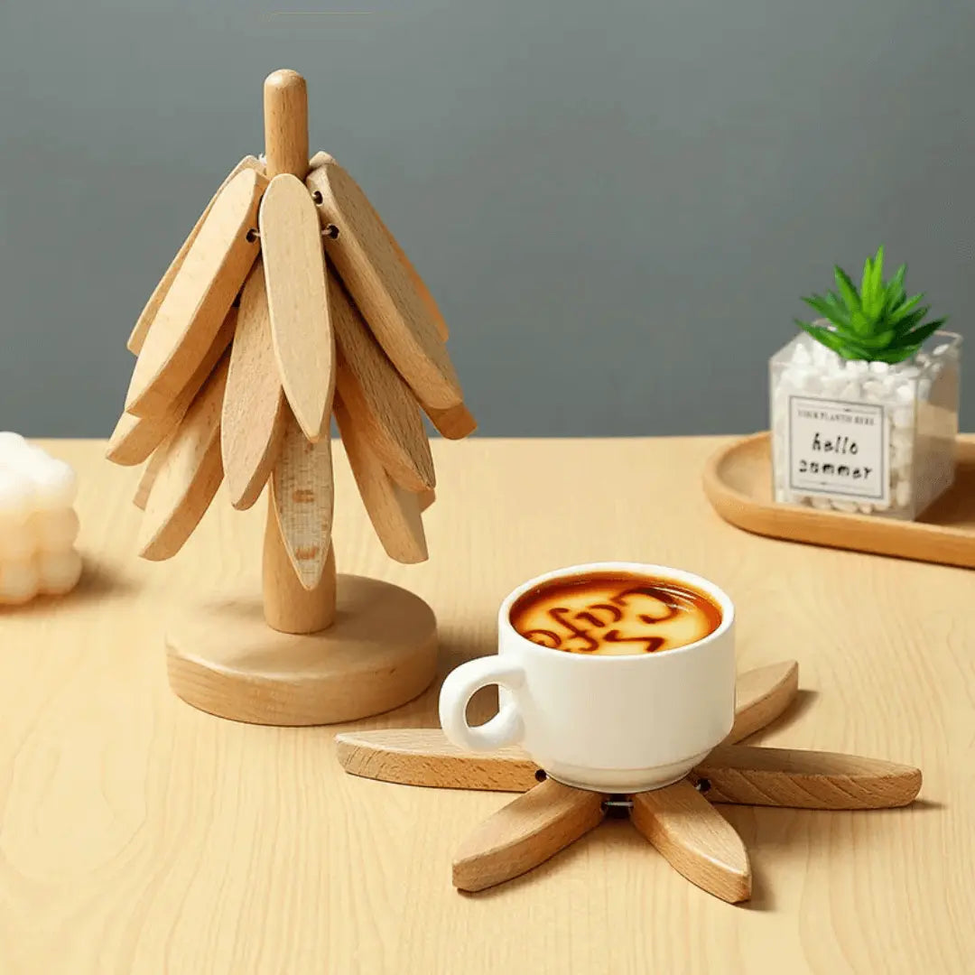 Stylish wooden drink coasters for table protection. Made from sustainable walnut or ash wood.