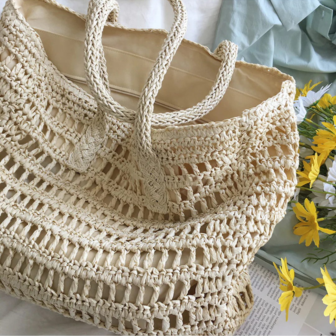 Large capacity woven beach tote bag for women, ideal for summer essentials & stylish travel.