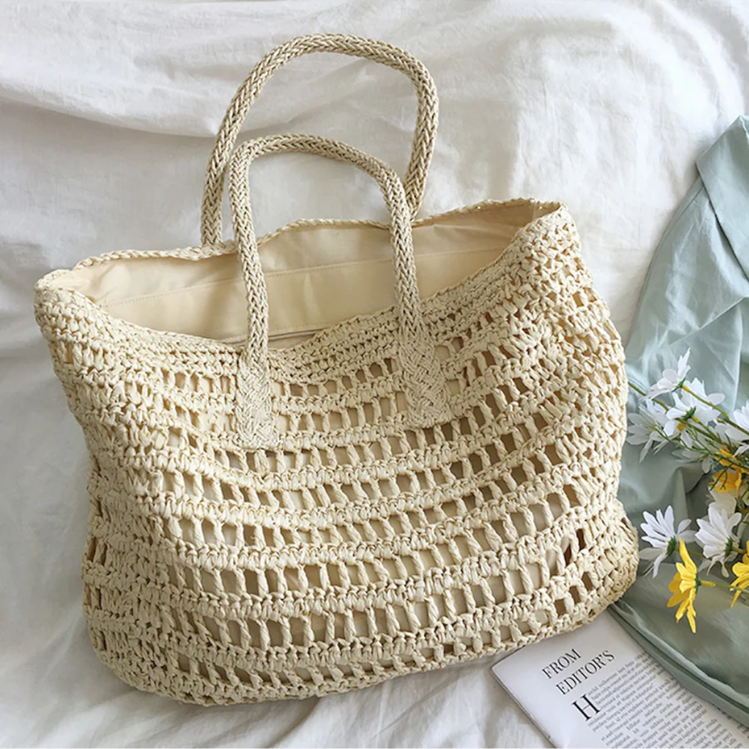 BreezeTote women's stylish woven tote bag, a trendy beach and summer accessory with large capacity.