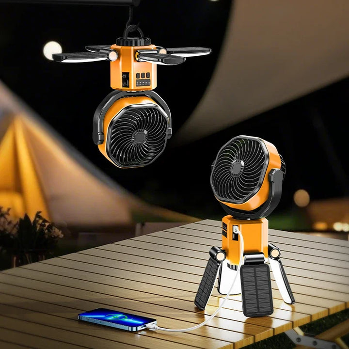 SunBreeze solar camping fan, yellow-green, rechargeable with 6000mAh battery for outdoor use & LED light.