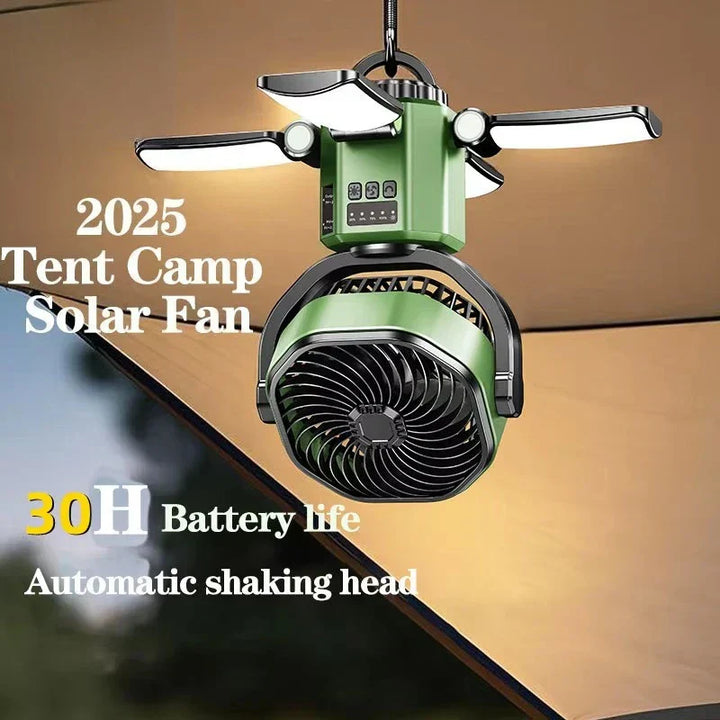 Portable solar fan with integrated LED light, 4-speed cooling, and power bank function for camping.