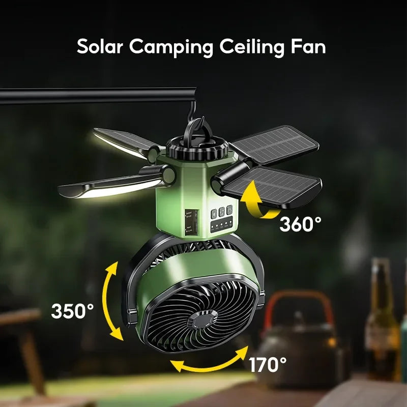 Unisex solar rechargeable camping fan, yellow-green, with powerful LED light, ideal for outdoor adventures.