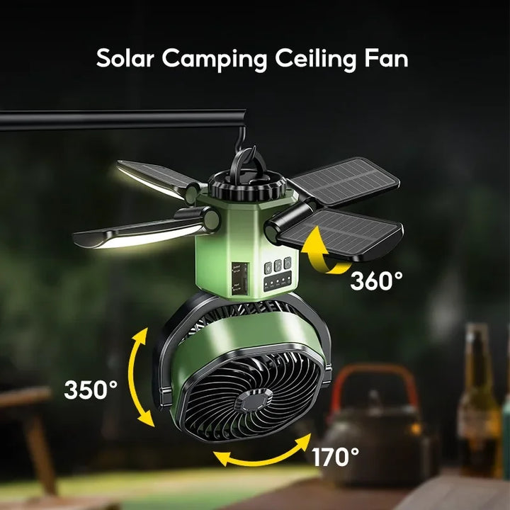 Unisex solar rechargeable camping fan, yellow-green, with powerful LED light, ideal for outdoor adventures.