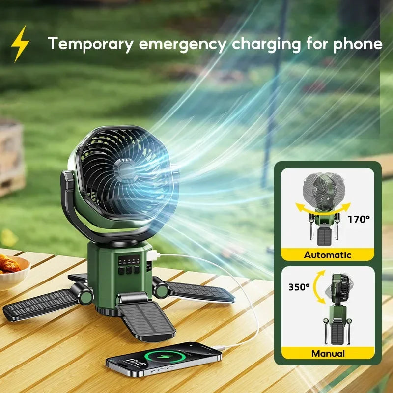 SunBreeze solar fan, 6000mAh battery, yellow-green, for camping, hiking, and emergency lighting.