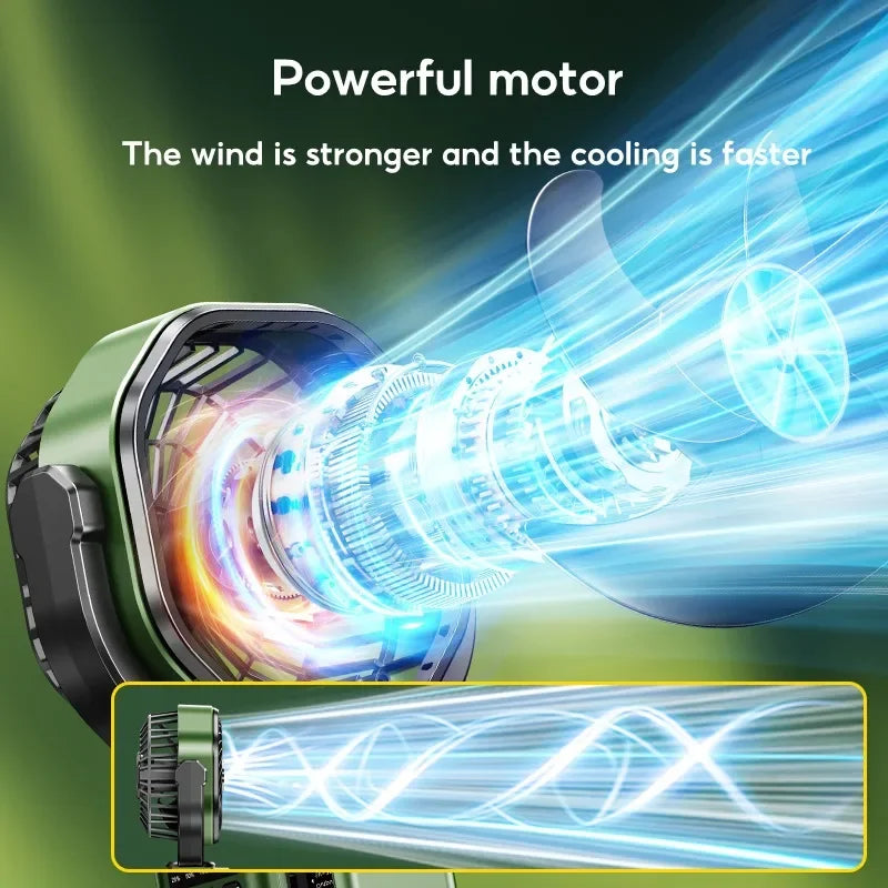 Outdoor equipment: yellow-green solar camping fan with LED light and power bank, 4-speed cooling.