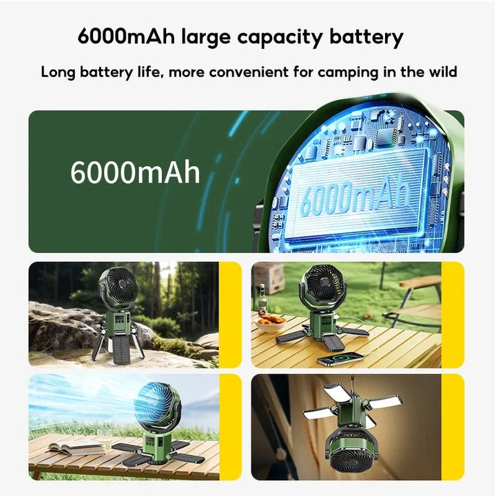 Rechargeable solar fan, yellow-green, for camping, featuring bright LED light and long-lasting battery.