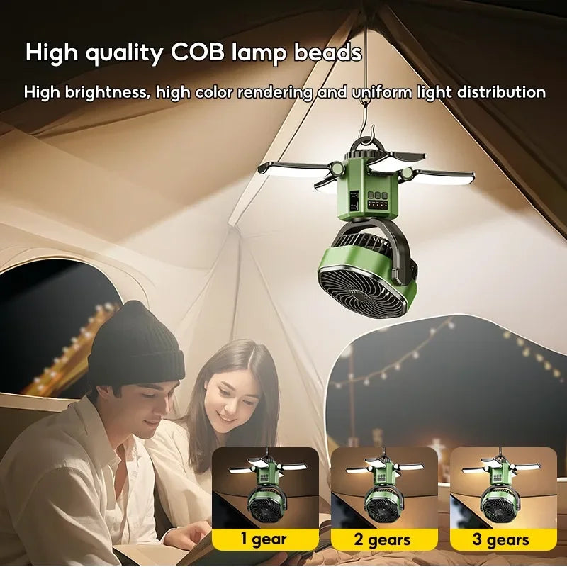 Compact yellow-green solar fan with LED, perfect hiking accessory, 6000mAh battery for extended use.