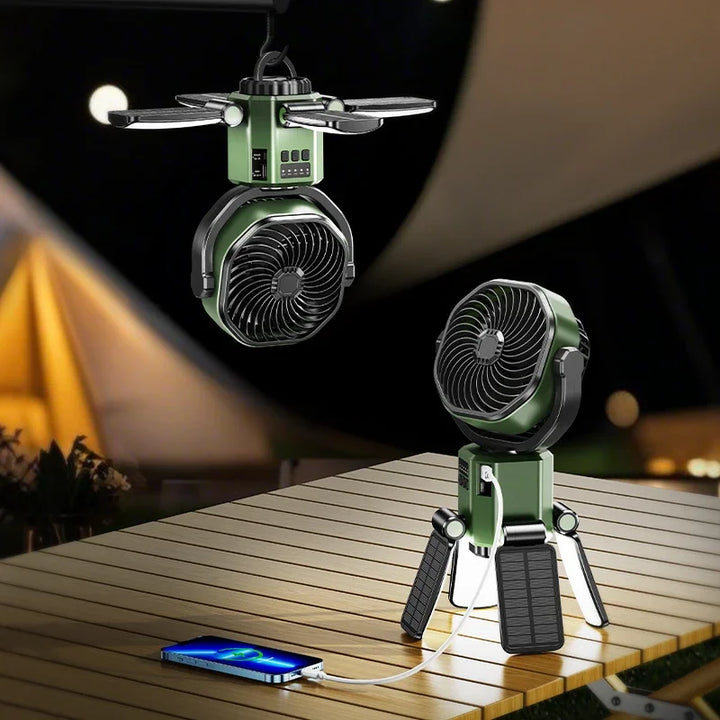 Emergency fan: solar rechargeable camping fan, yellow-green, with LED light and power bank function.