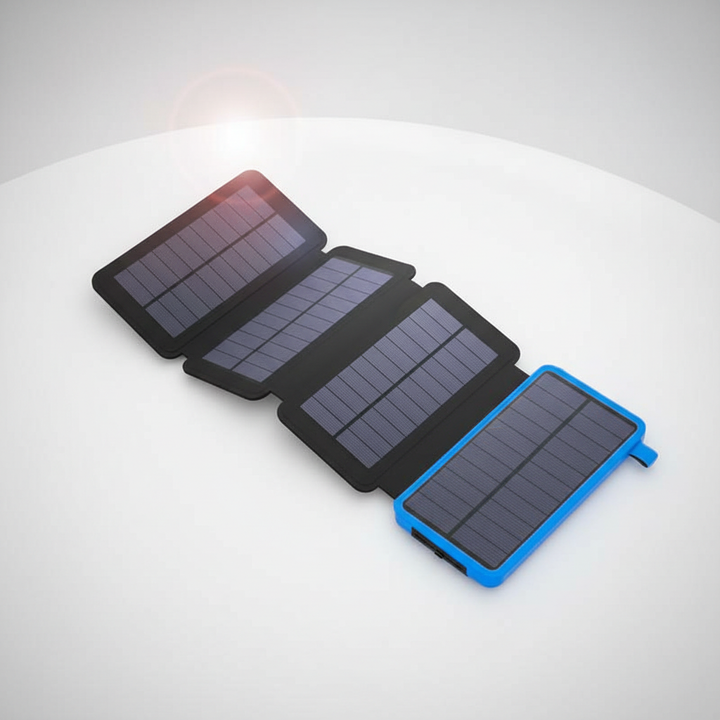 Outdoor tech solar power bank with integrated flashlight, perfect for travel