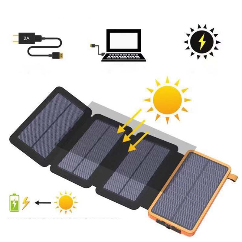 SunCore 4-panel solar power bank on backpack, convenient portable charger for hiking and outdoor tech