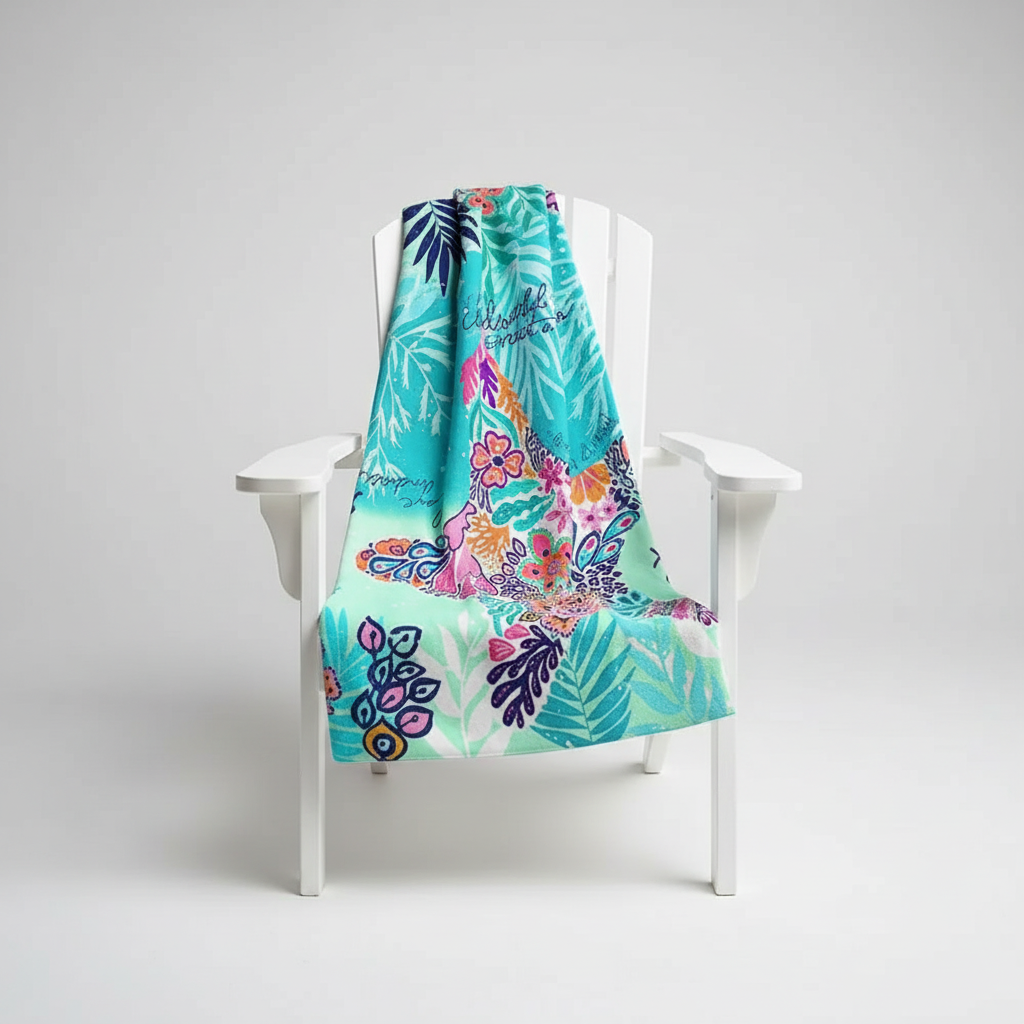 Unisex quick-dry microfiber towel laid out on a sandy beach, demonstrating its sand-free properties