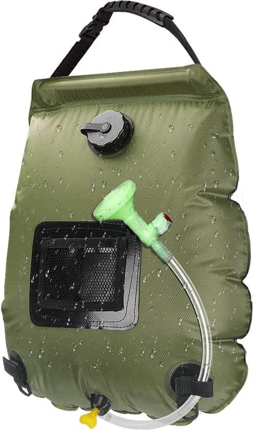 SunStream solar portable shower bag heats water for warm outdoor camping, hiking & wilderness hygiene.