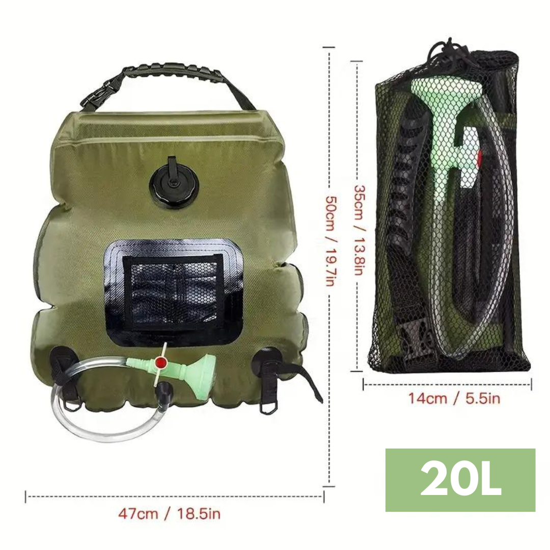 Portable camp shower water bag, essential outdoor gear for wilderness, travel, and backpacking hygiene.