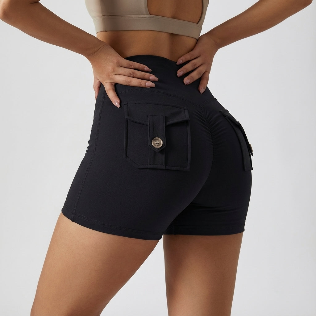 Women's yoga shorts that are high-waisted with integrated pockets, designed for ultimate flexibility.