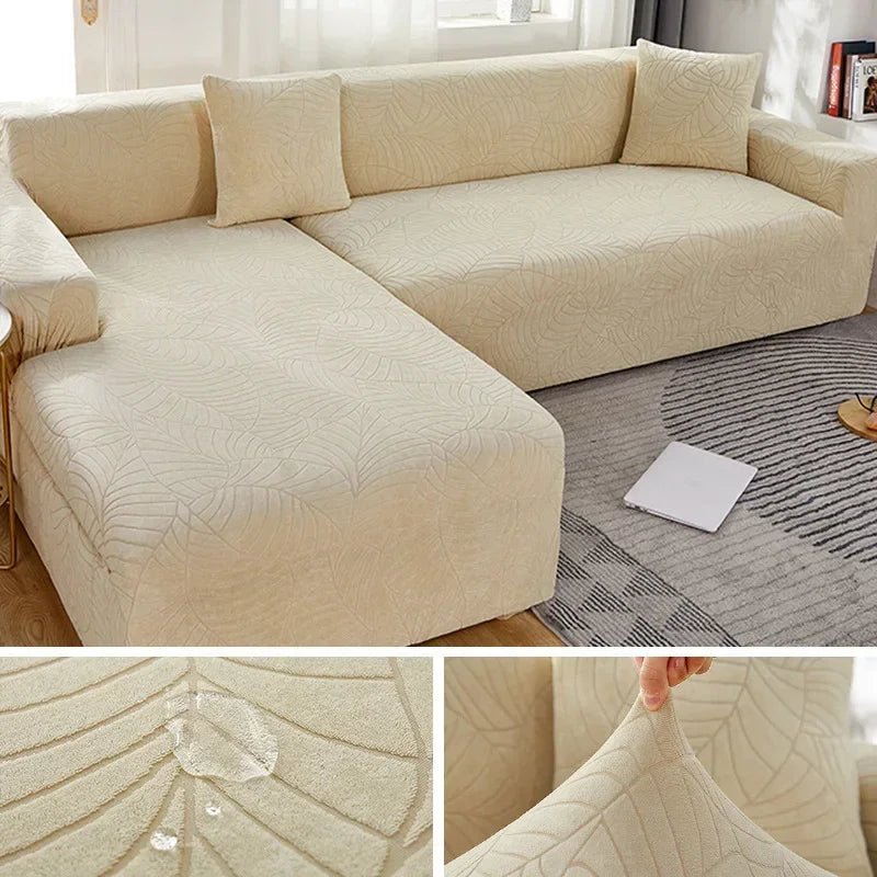 Modern L-shape polyester slipcover, tailored for sectional sofas, enhances living room decor.