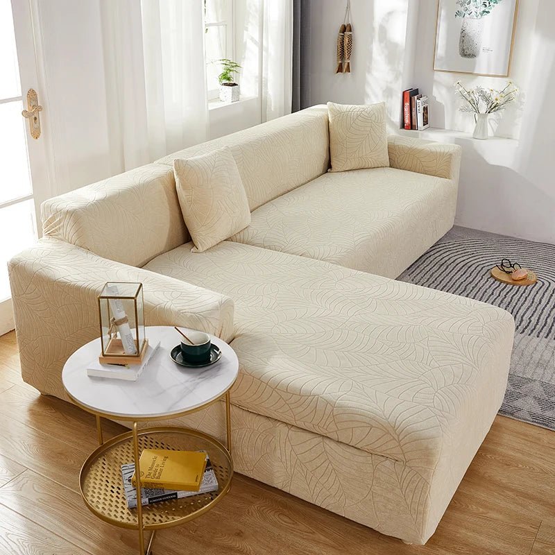 Living room L-shape sectional sofa cover, tailored polyester, modern home decor & protection.