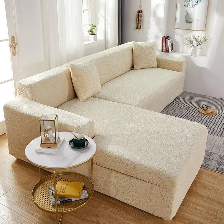 Living room L-shape sectional sofa cover, tailored polyester, modern home decor & protection.