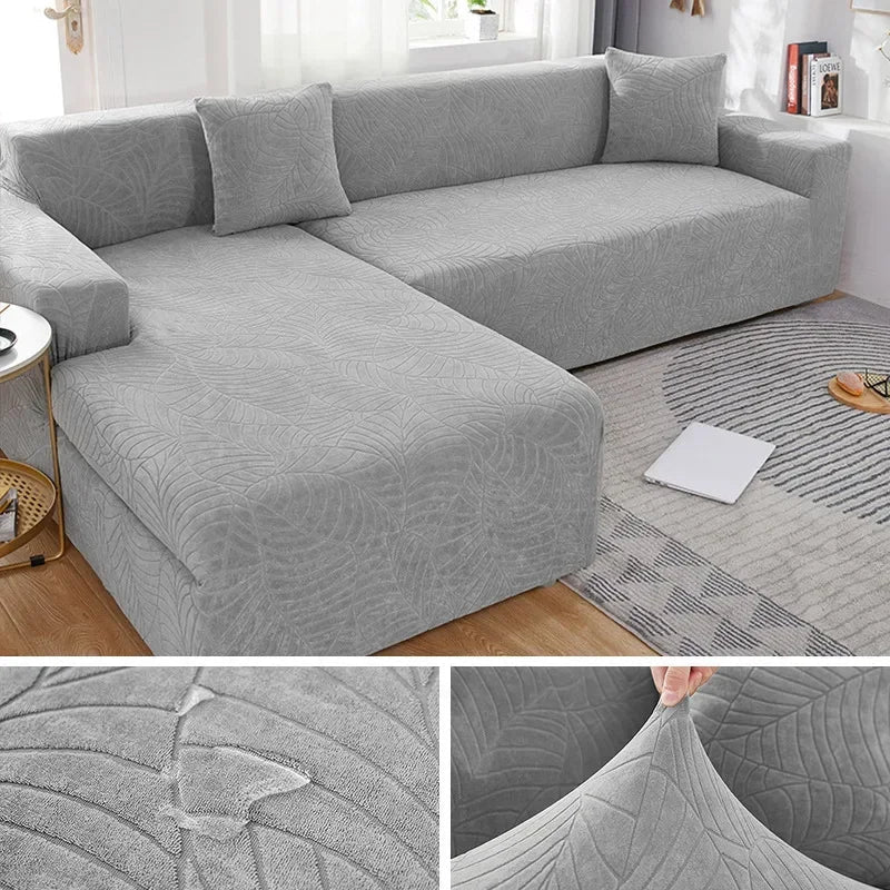 Tailored fit L-shape sofa slipcover, stretch polyester fabric for sectional couch protection.