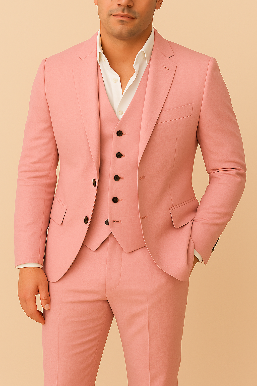 Men's formal 3-piece suit set. Includes a sharp blazer, vest, & trousers for business attire or weddings.