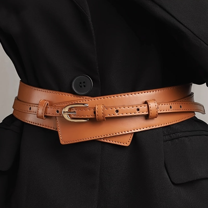 Tan women's versatile dual-strap vegan leather belt, an adjustable fashion accessory for waist.