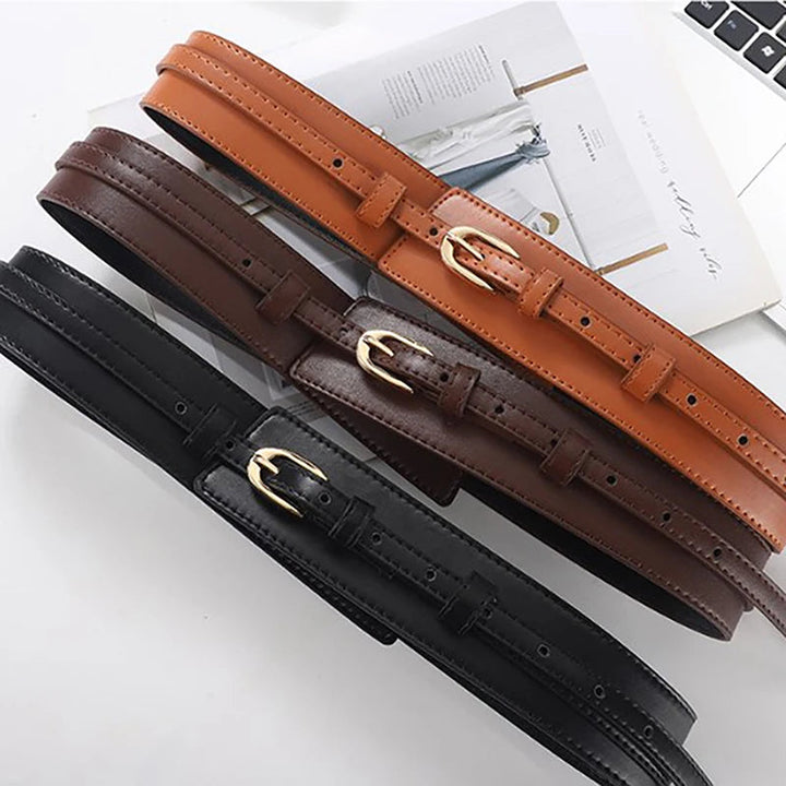 Versatile brown women's adjustable dual-strap vegan leather belt, ideal for waist styling.
