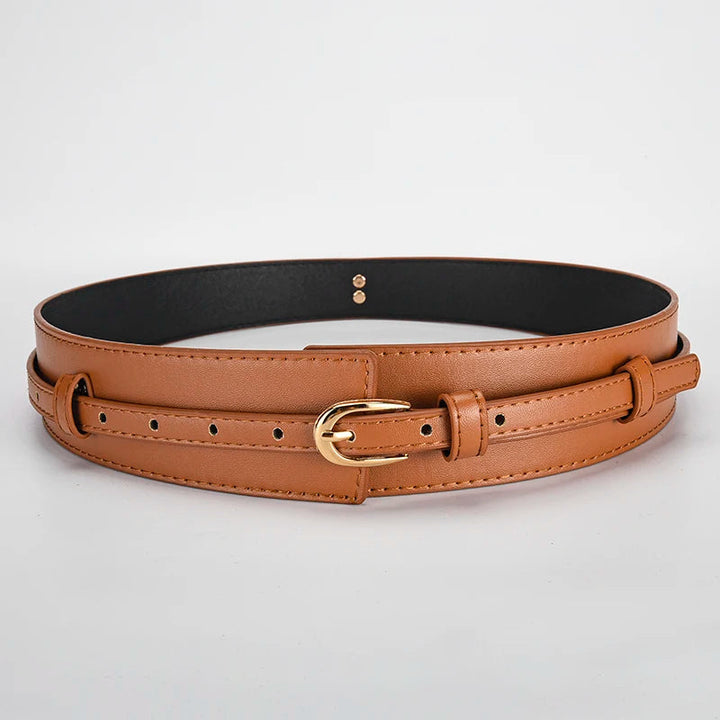 Black adjustable women's vegan leather belt, featuring a modern dual-strap design for fashion.