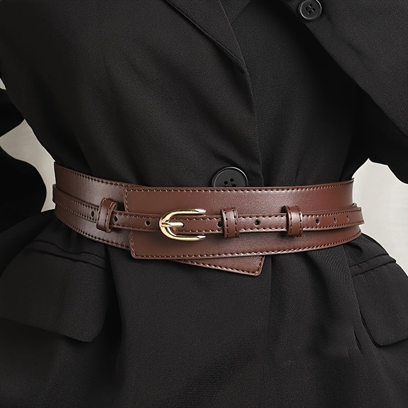 Chic tan vegan leather women's waist belt with a unique dual-strap, a versatile fashion accessory.