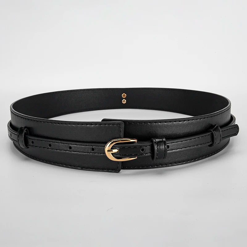 Cruelty-free black vegan leather dual-strap belt, a versatile and adjustable women's fashion accessory.