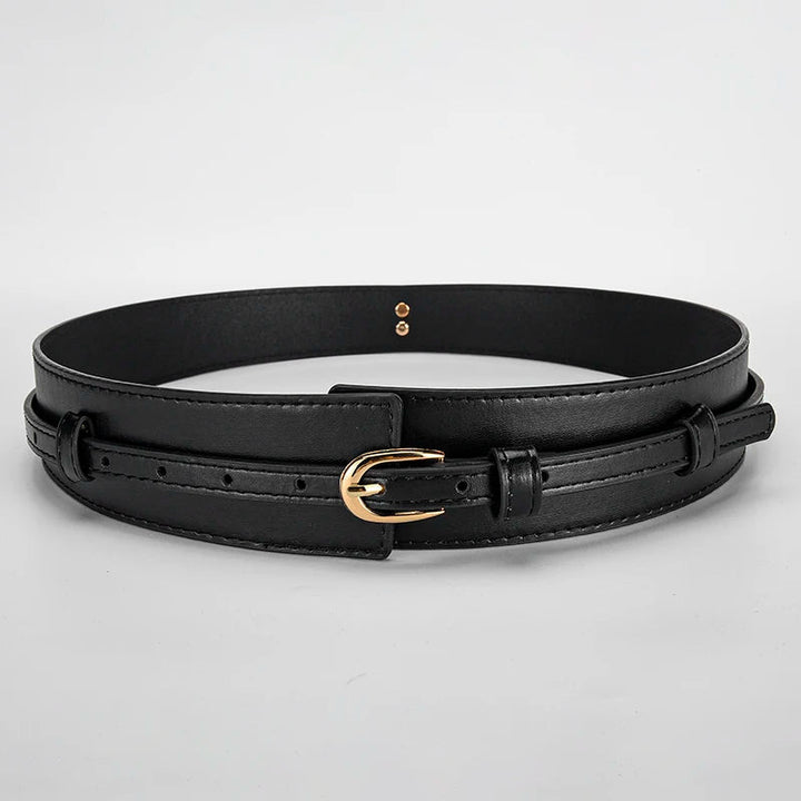Cruelty-free black vegan leather dual-strap belt, a versatile and adjustable women's fashion accessory.