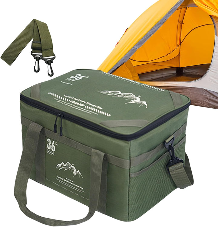 Waterproof Tarvos duffle bag for camping & hiking gear, shown open with table