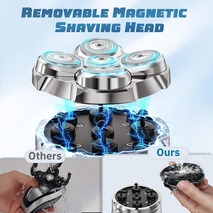 Close-up of Tavien magnetic head shaver, designed for smooth bald head shaving, rechargeable