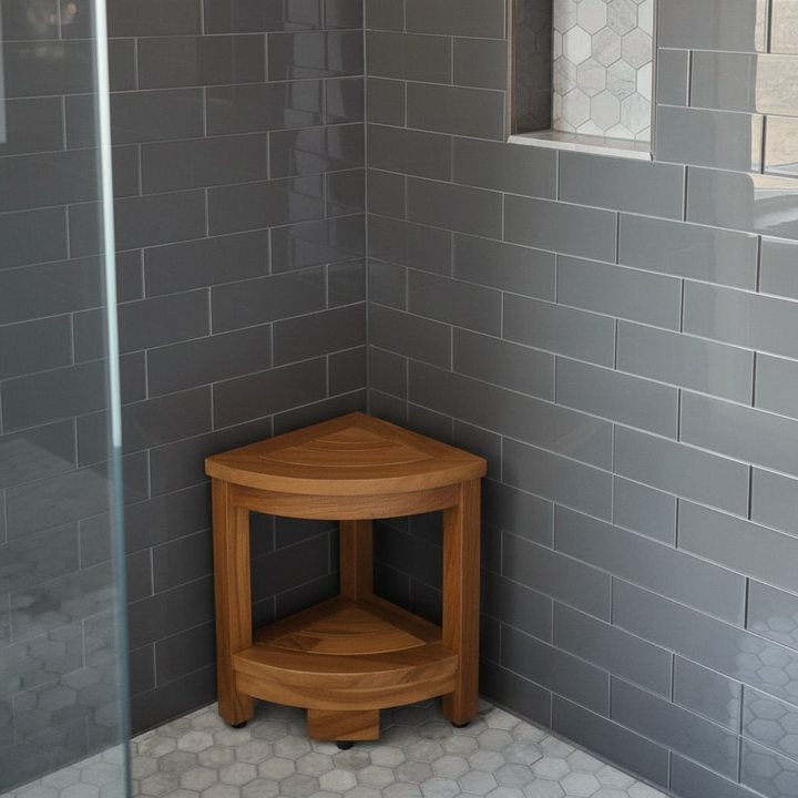 Teak corner shower stool with built-in storage, non-slip feet for shower safety, spa-like bathroom furniture.