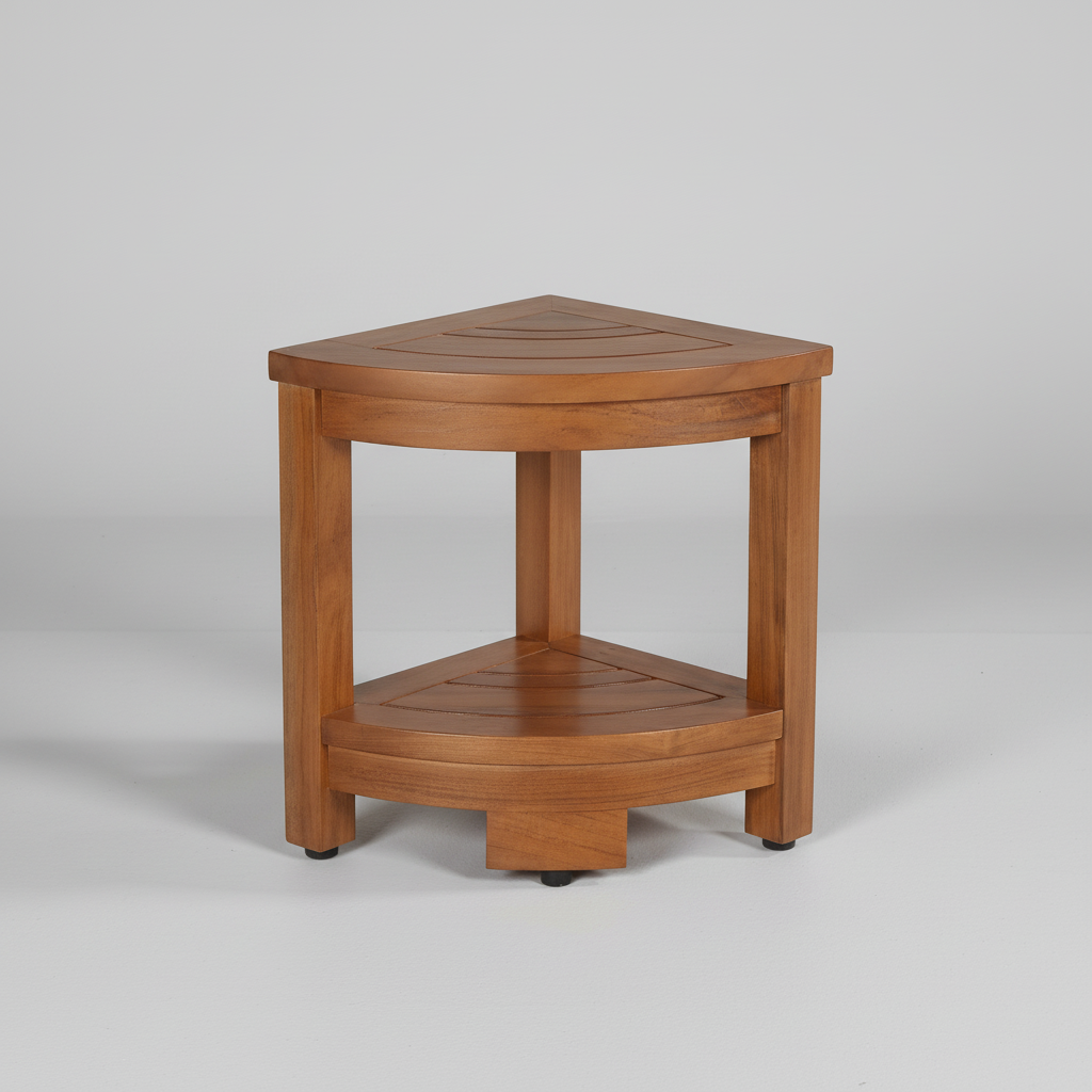 Unisex teak wood corner bench for shower, water-resistant with storage, enhancing home improvement and safety.