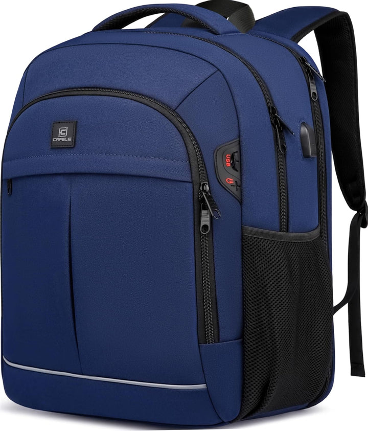 Water-resistant laptop backpack with anti-theft features and USB charging, perfect for students