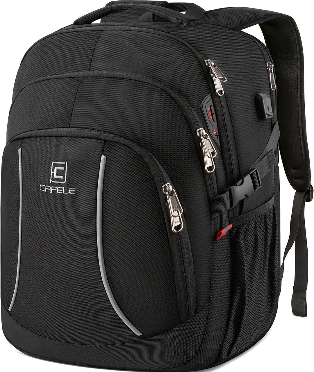 Detail of waterproof zipper on a water-resistant laptop backpack with USB and anti-theft features