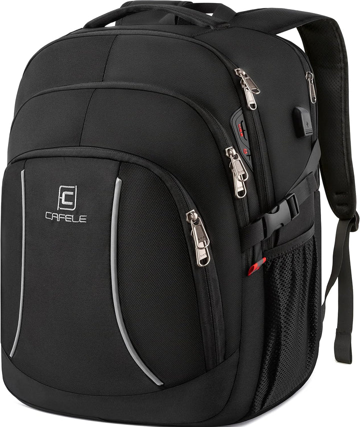 Detail of waterproof zipper on a water-resistant laptop backpack with USB and anti-theft features