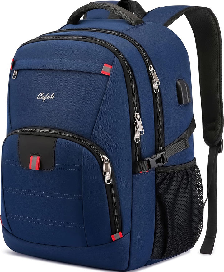 Black water-resistant laptop backpack, anti-theft features, and integrated USB charging port