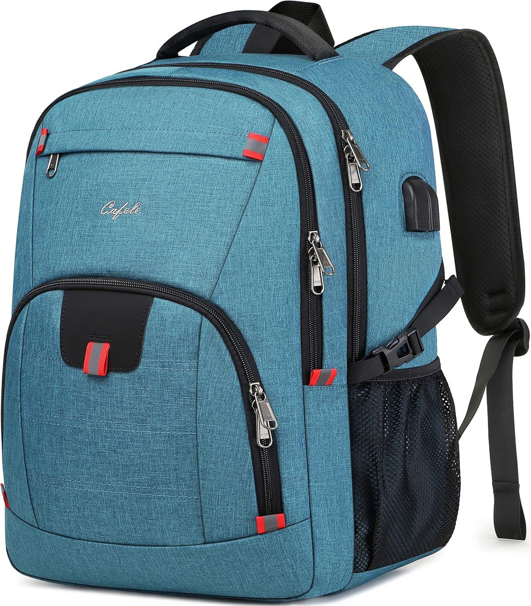 Side view of modern anti-theft laptop backpack, water-resistant, suitable for work or school