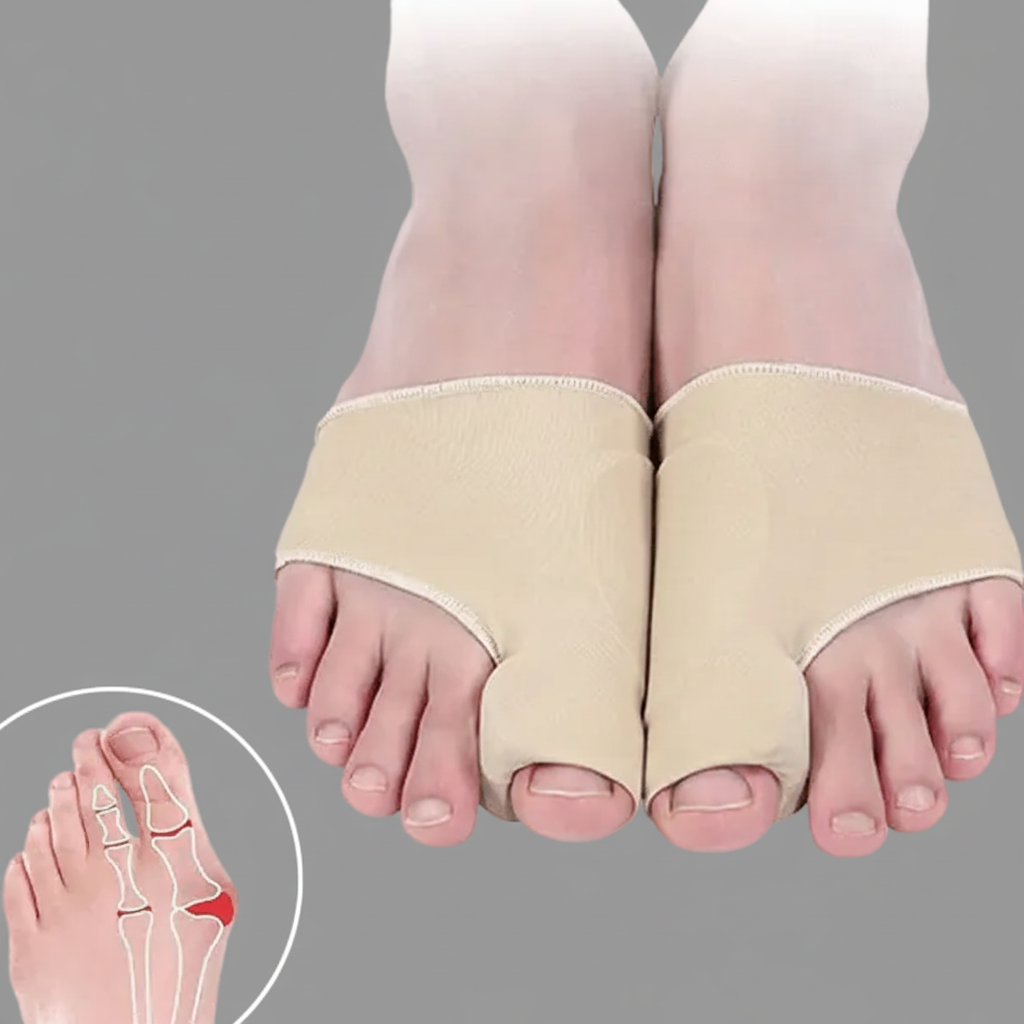 Discreet beige bunion corrector for teens, improving mobility & providing hallux valgus support.
