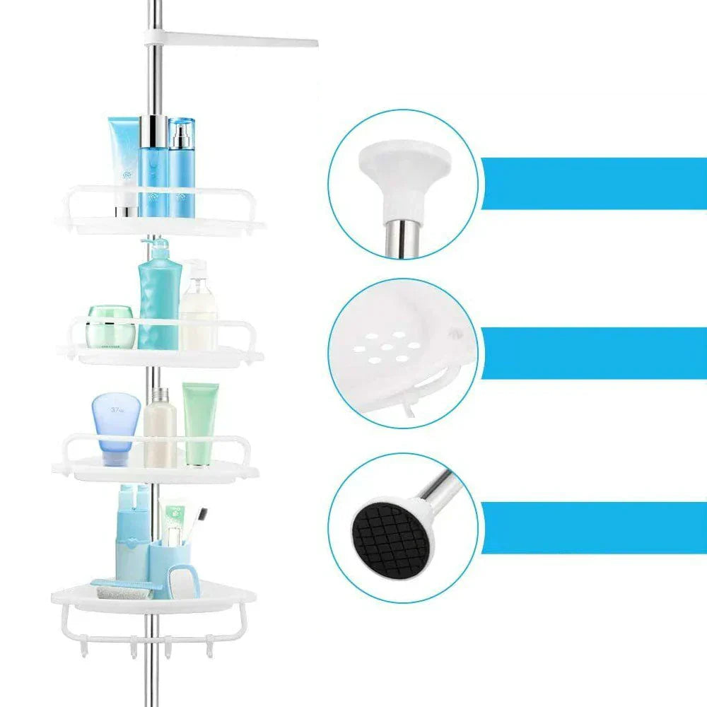 Modern telescopic shower caddy with 4 adjustable shelves for easy bathroom organization, rust-resistant finish.