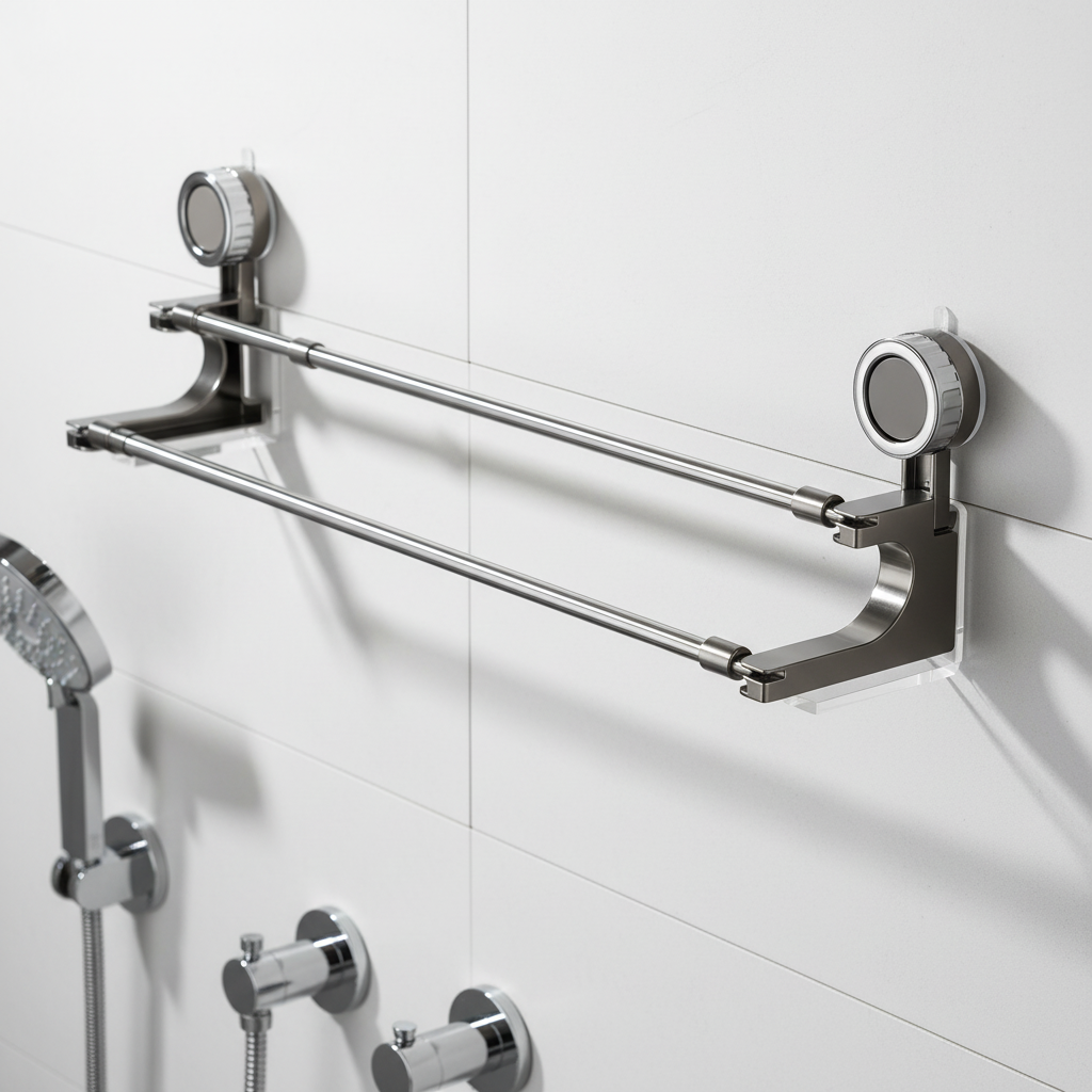 Telescopic double towel rail, stainless steel, for bathroom storage, VentoRack brand, no drill installation.