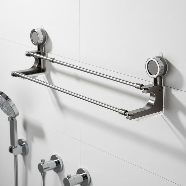 Telescopic double towel rail, stainless steel, for bathroom storage, VentoRack brand, no drill installation.