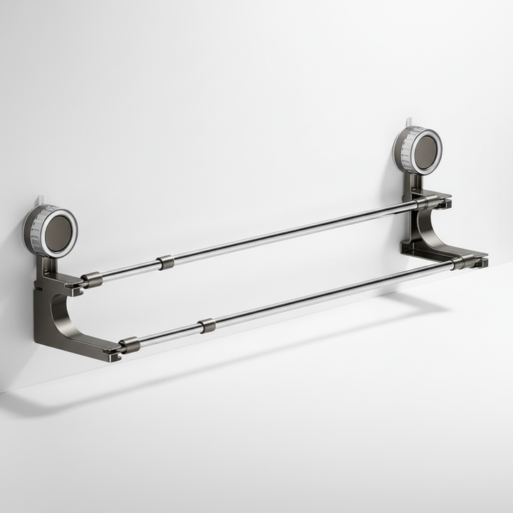 Rust proof telescopic towel holder with suction cups, ideal for bathroom organization, VentoRack double rail.