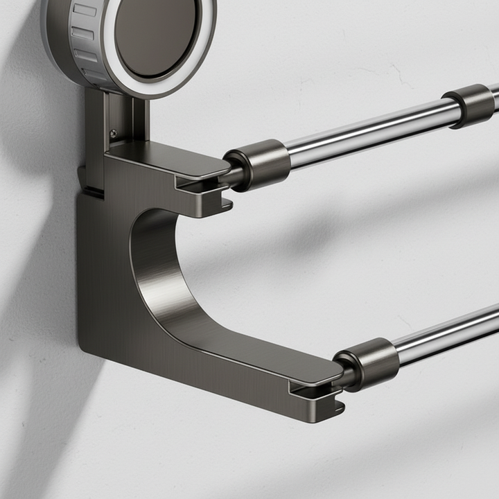 VentoRack double telescopic towel rail, stainless steel, suction cup bath accessory, easy no drill setup.